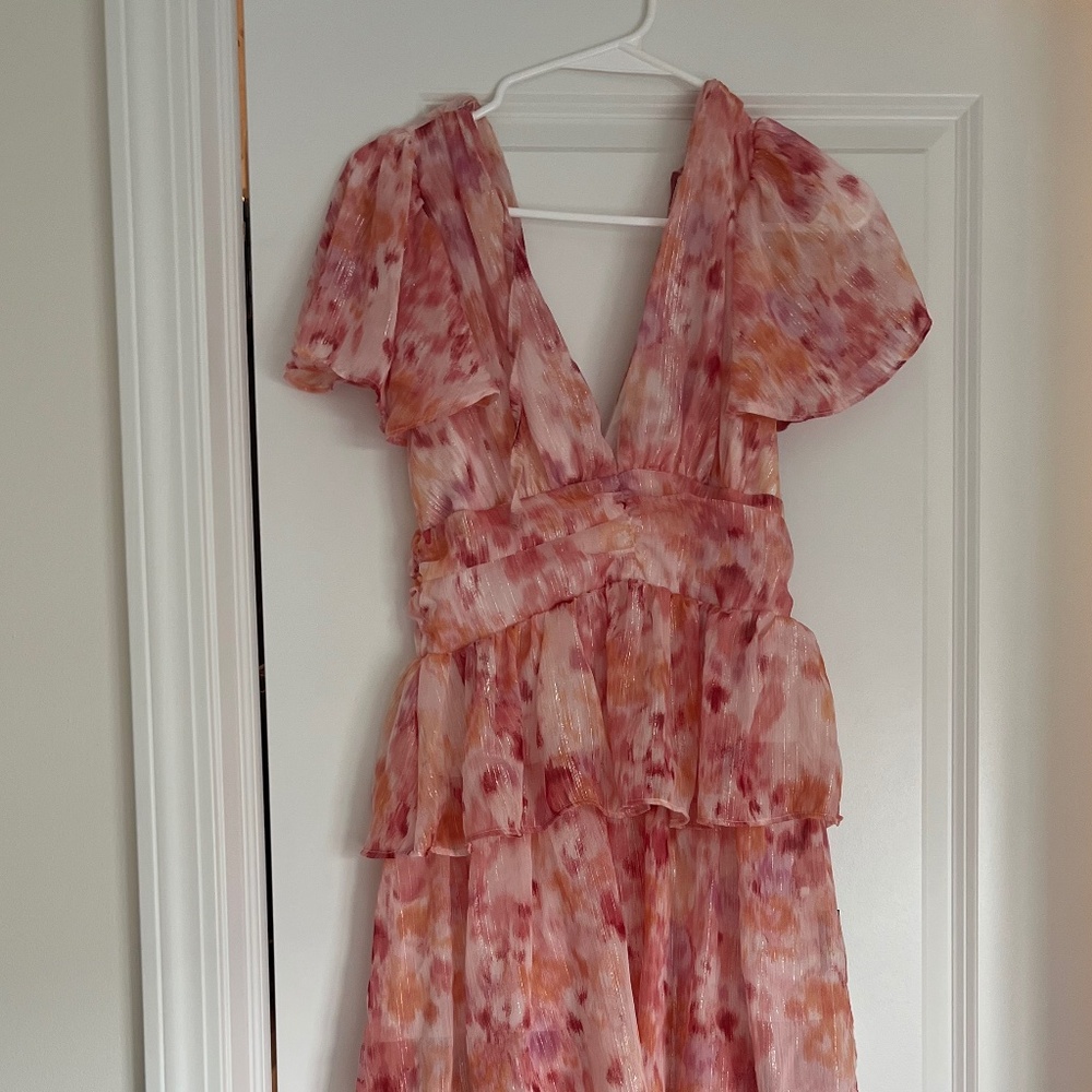 Nalia Pink Abstract Print Tiered Tie-Back Midi Dress